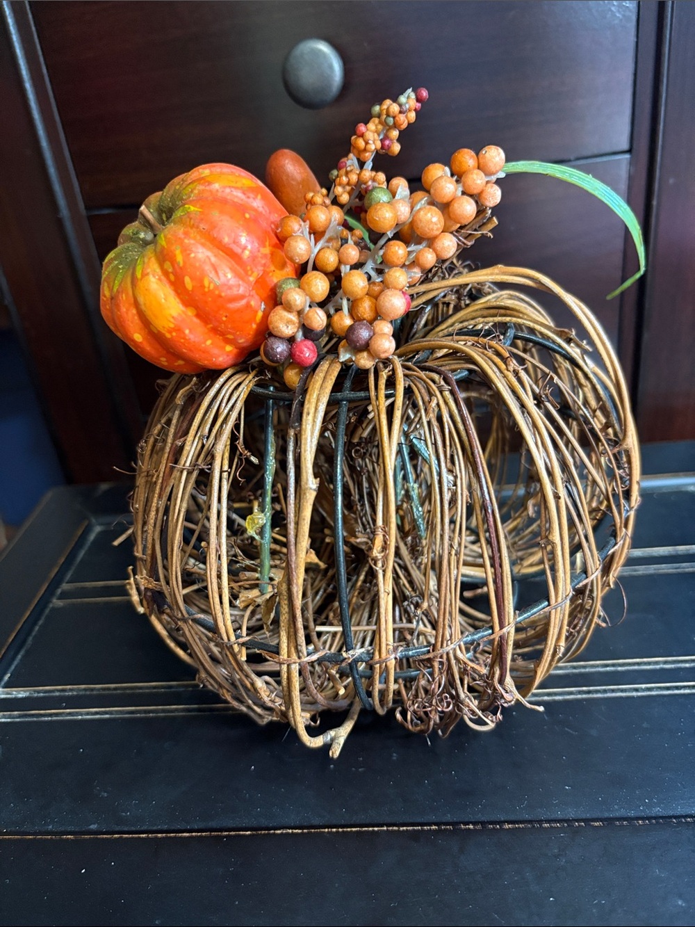 Pumpkin- made of wire & wicker. Dec with fall pick.